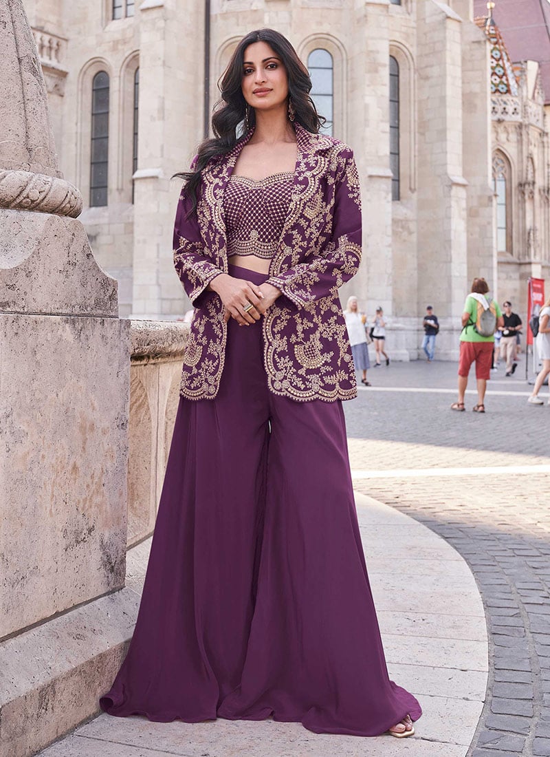 Purple Silk Embroidered Beads Sequins Stunning Indowestern Jacket Palazzo Set