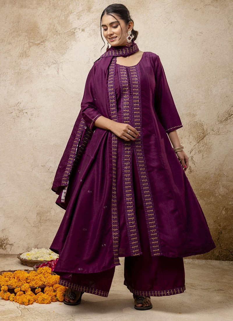 Purple Silk Embroidered High Slit Palazzo Suit Festive Wear
