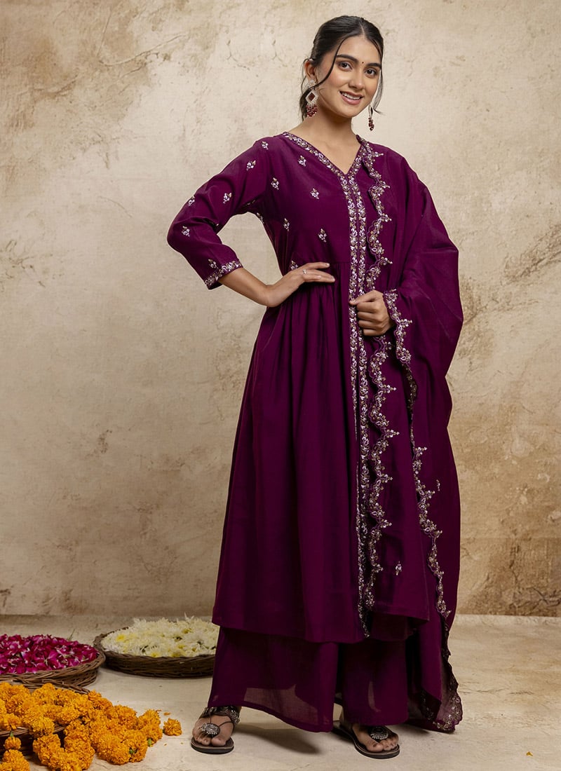 Purple Silk Embroidered High Slit Palazzo Suit Festive Wear