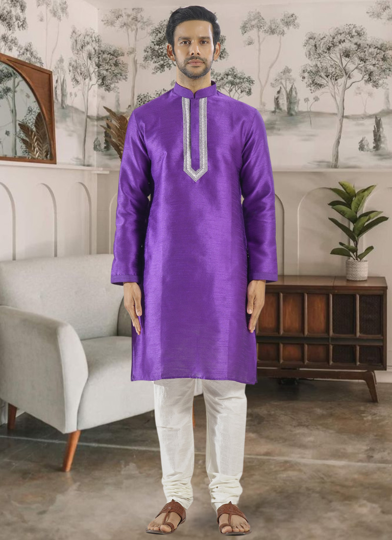 Purple Silk Embroidered Kurta Pyjama  Festive Wear