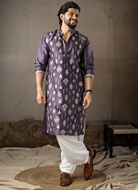 Purple Silk Embroidered Kurta Pyjama For Men
