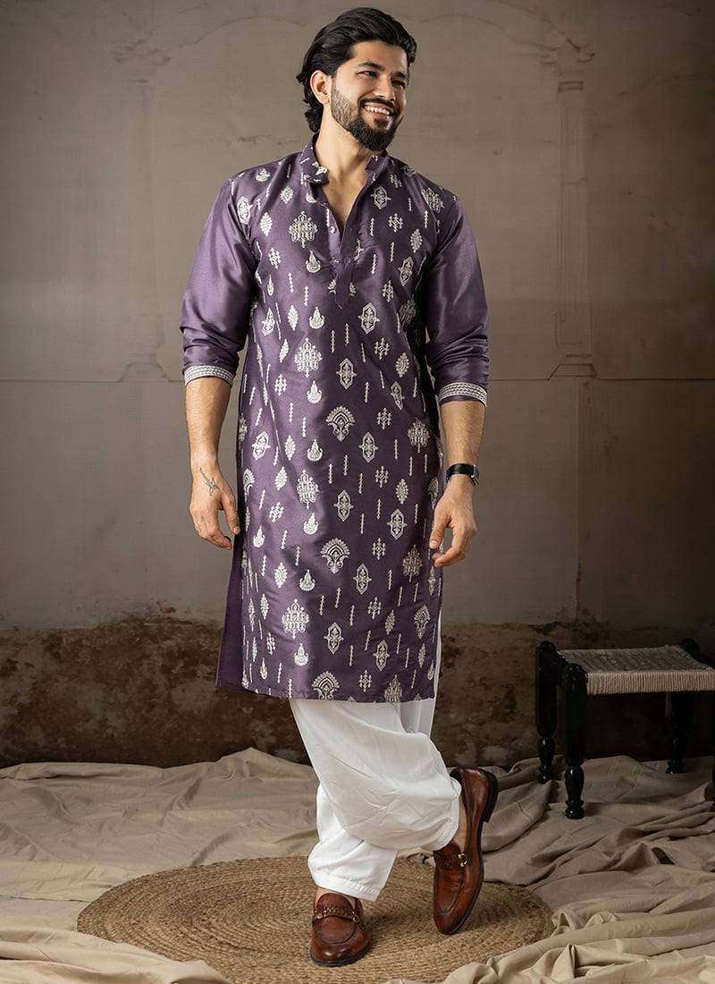 Purple Silk Embroidered Kurta Pyjama For Men Festive Wear