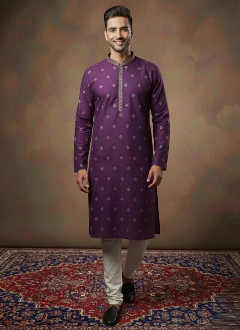 Purple Silk Embroidered Kurta Pyjama Festive Wear