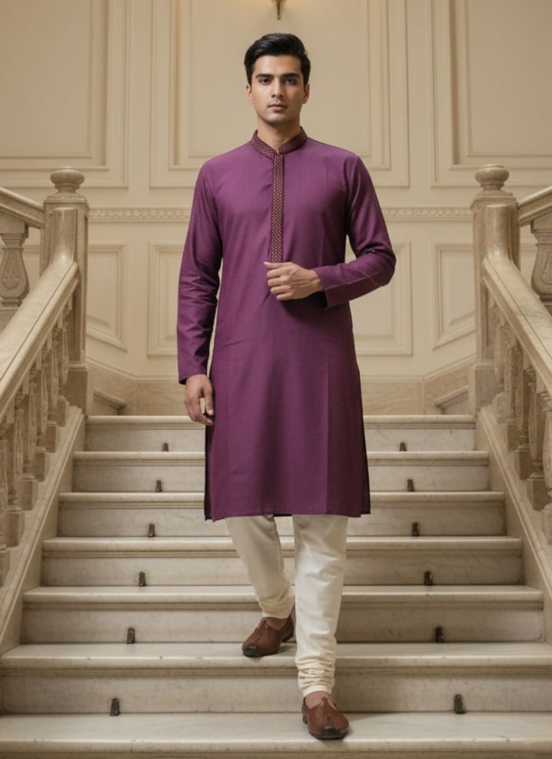 Purple Silk Embroidered Kurta Pyjama Festive Wear