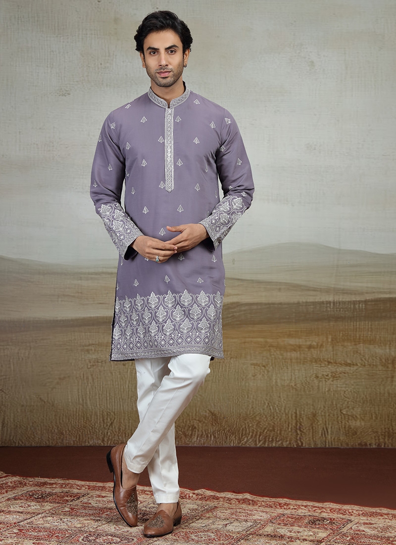 Purple Silk Embroidered Kurta Pyjama Festive Wear
