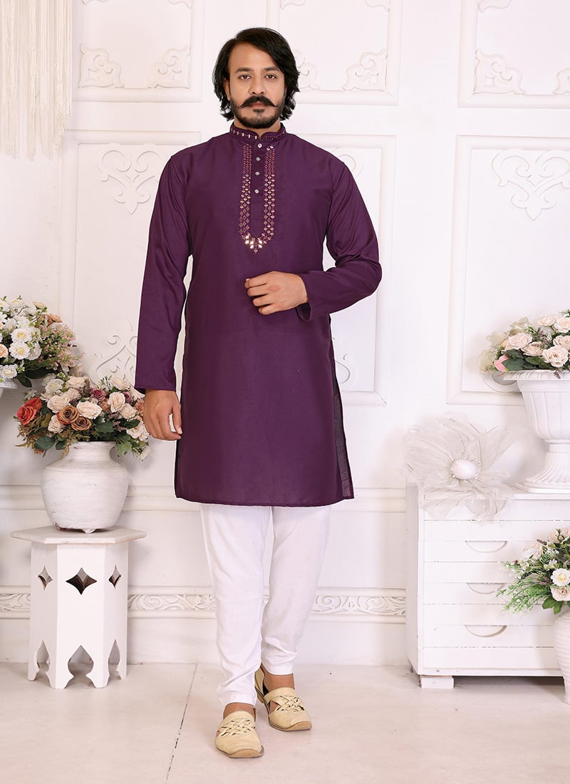 Purple Silk Embroidered Kurta Pyjama Festive Wear