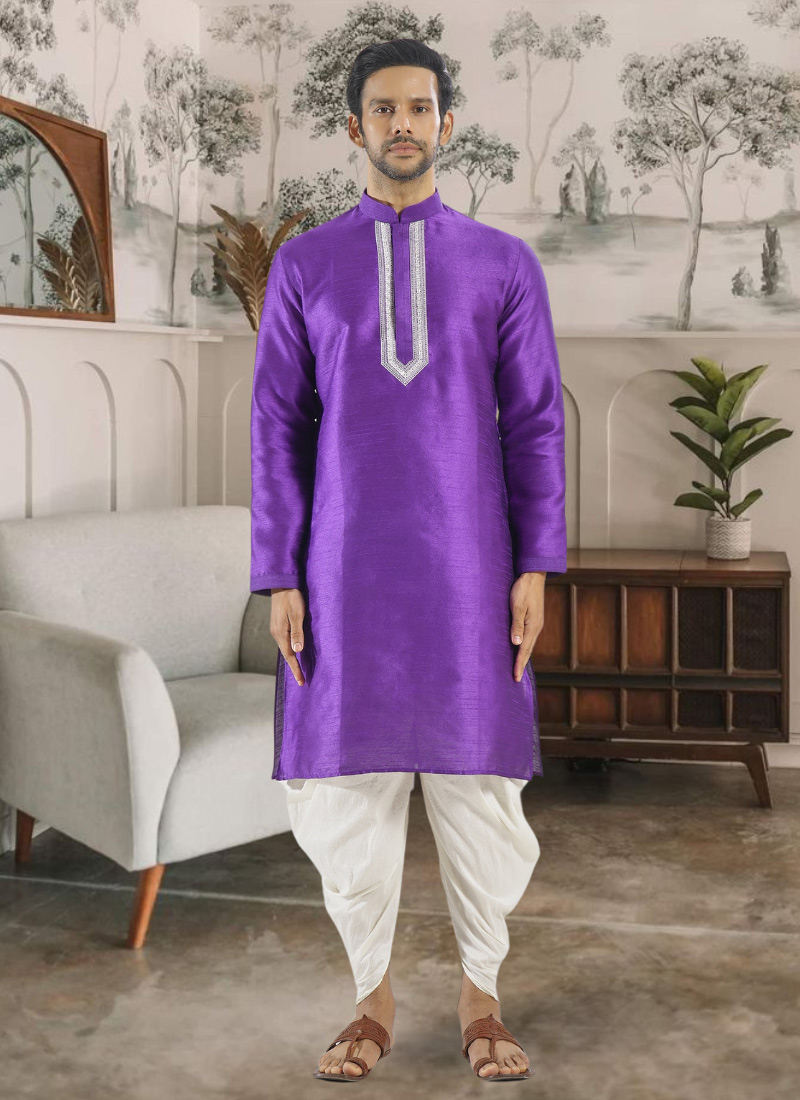 Purple Silk Embroidered Kurta With Dhoti Style Pyjama  Festive Wear