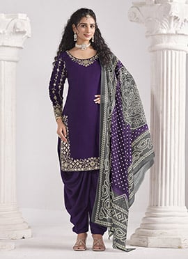 Purple Silk Embroidered Mirror Work And Zari Dhoti Suit