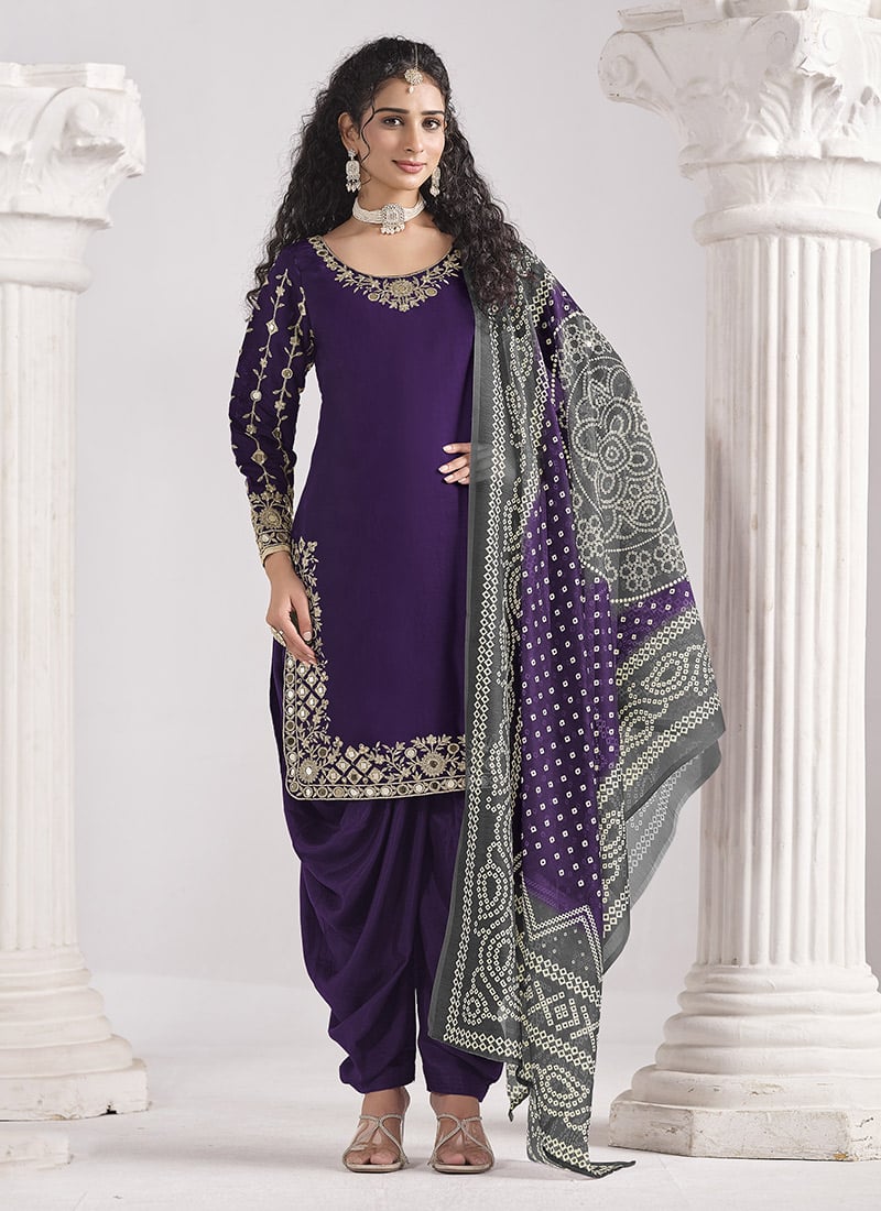 Purple Silk Embroidered Mirror Work And Zari Dhoti Suit Festive Wear