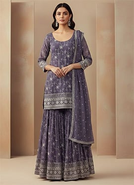 Purple Silk Embroidered Pakistani Sharara Suit