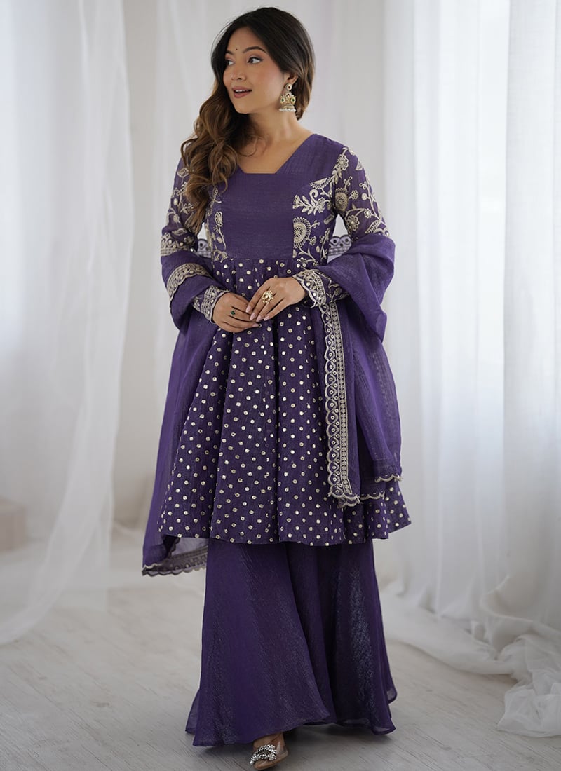 Purple Silk Embroidered Palazzo Suit Festive Wear