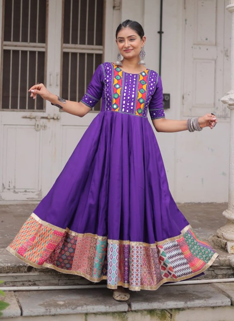 Purple Silk Embroidered Printed Anarkali Gown After Six Wear