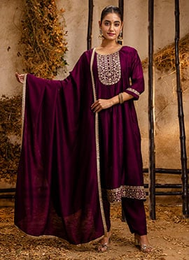 Purple Silk Embroidered Sequins A Line Straight Pant Suit