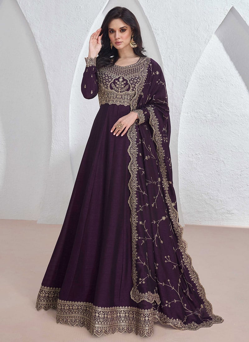Purple Silk Embroidered Sequins Anarkali Gown
