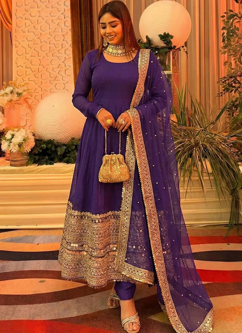 Purple Silk Embroidered Sequins Anarkali Suit Festive Wear