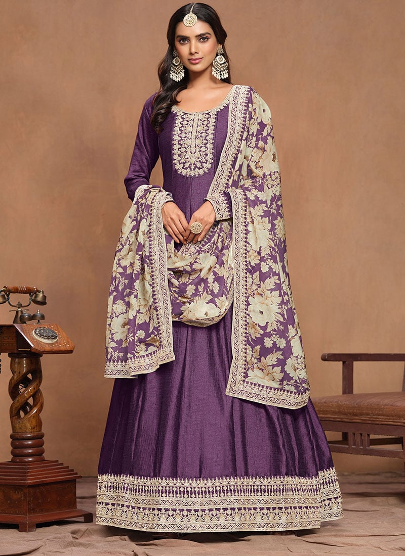 Purple Silk Embroidered Sequins Anarkali Suit With Floral Printed Dupatta Festive Wear