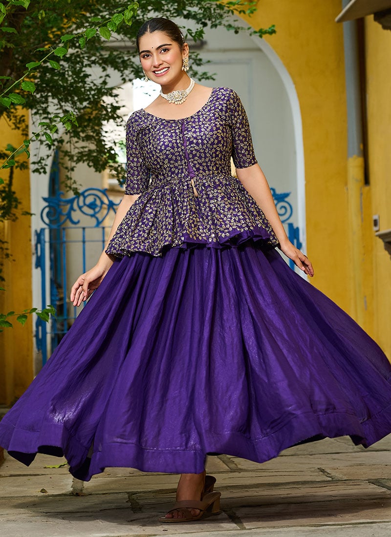Purple Silk Embroidered Sequins Indowestern Peplum Blouse And Skirt Festive Wear