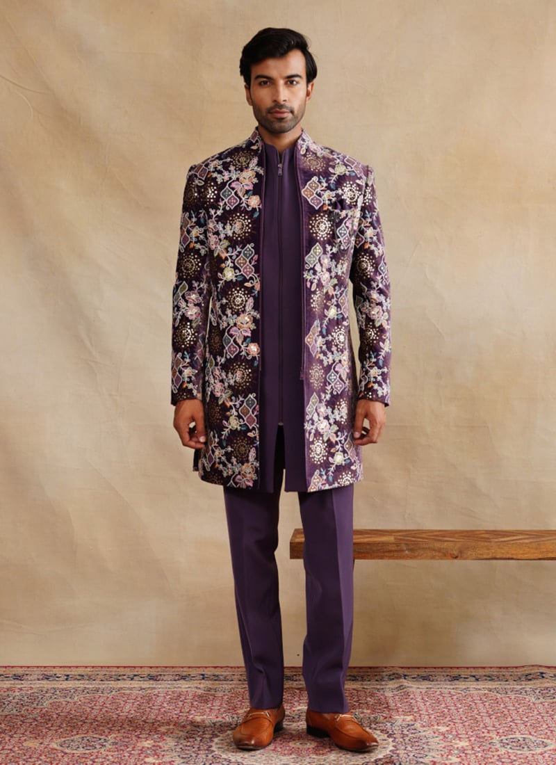 Purple Silk Embroidered Sequins Indowestern Sherwani Wedding Wear