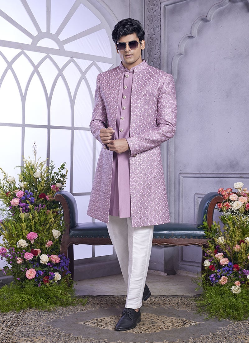 Purple Silk Embroidered Sequins Jacket Style Indowestern Sherwani Wedding Wear