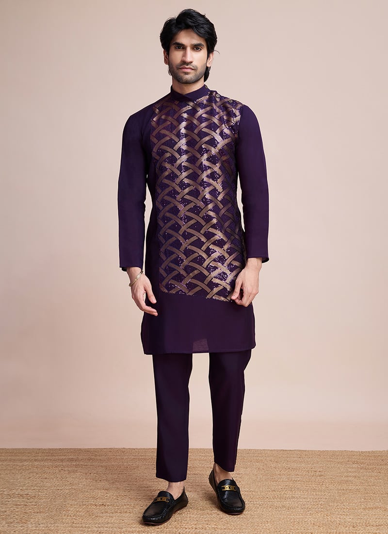 Purple Silk Embroidered Sequins Kurta