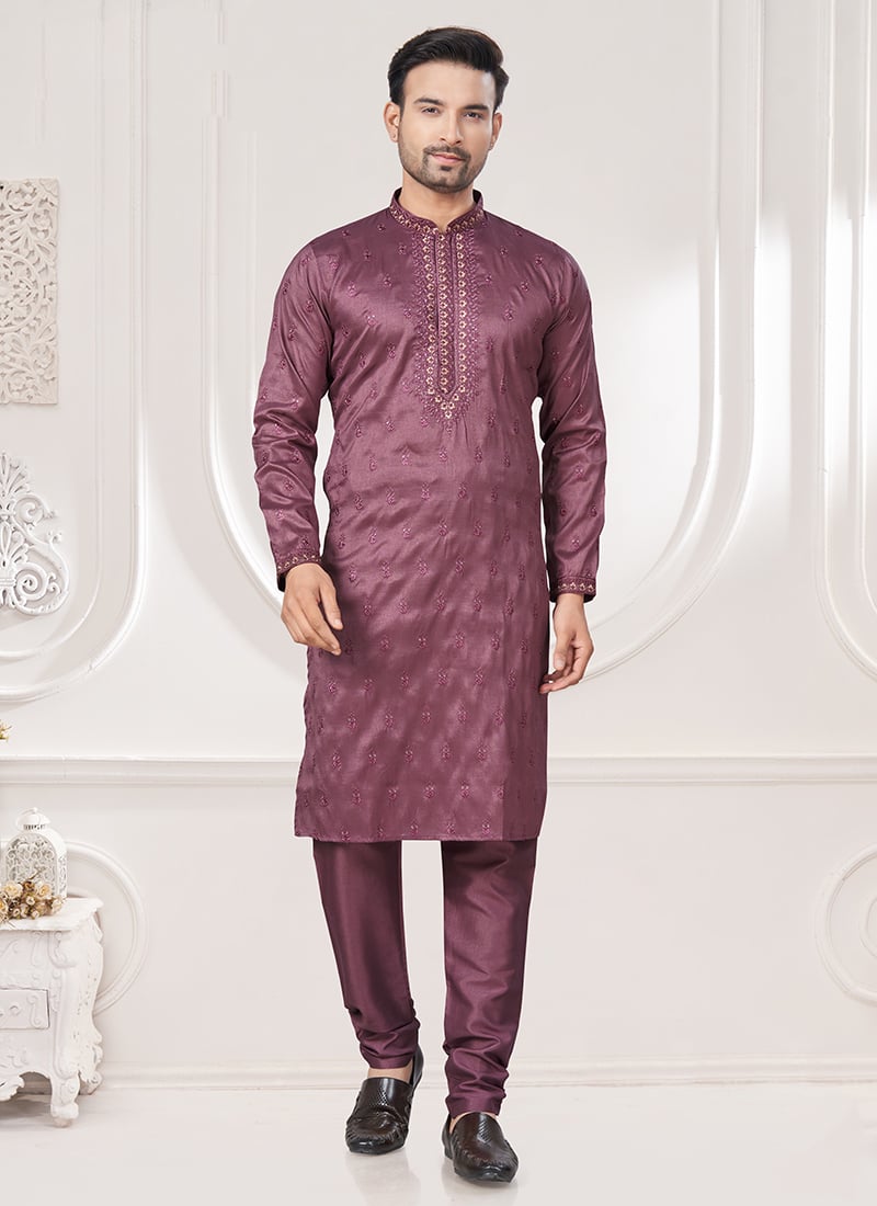 Purple Silk Embroidered Sequins Kurta Pyjama Festive Wear