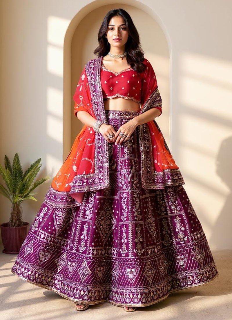 Purple Silk Embroidered Sequins Lehenga Wedding Wear