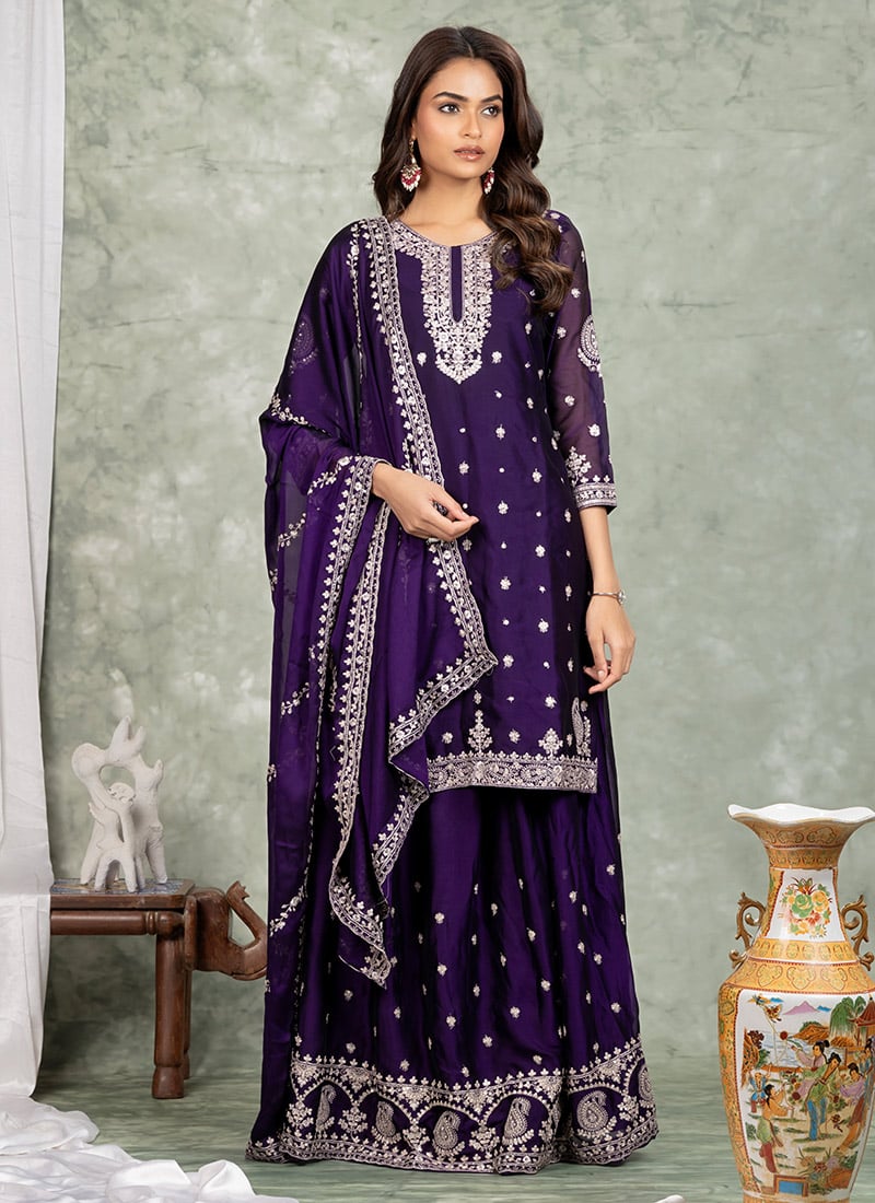 Purple Silk Embroidered Sequins Long Choli Lehenga