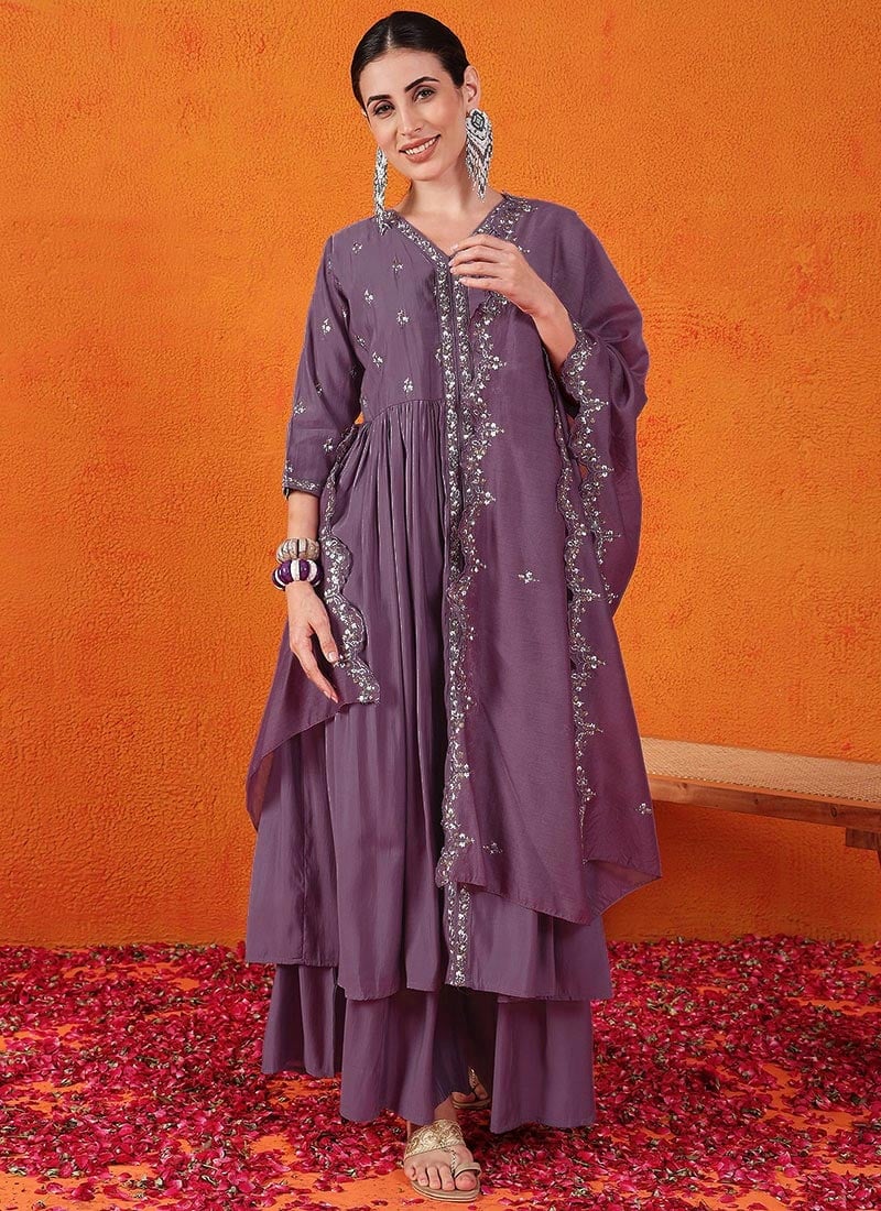 Purple Silk Embroidered Sequins Palazzo Suit Festive Wear