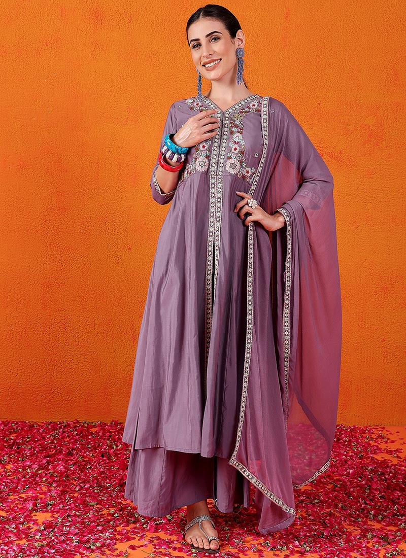 Purple Silk Embroidered Sequins Palazzo Suit Festive Wear