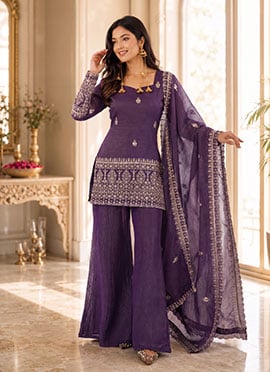 Purple Silk Embroidered Sequins Palazzo Suit