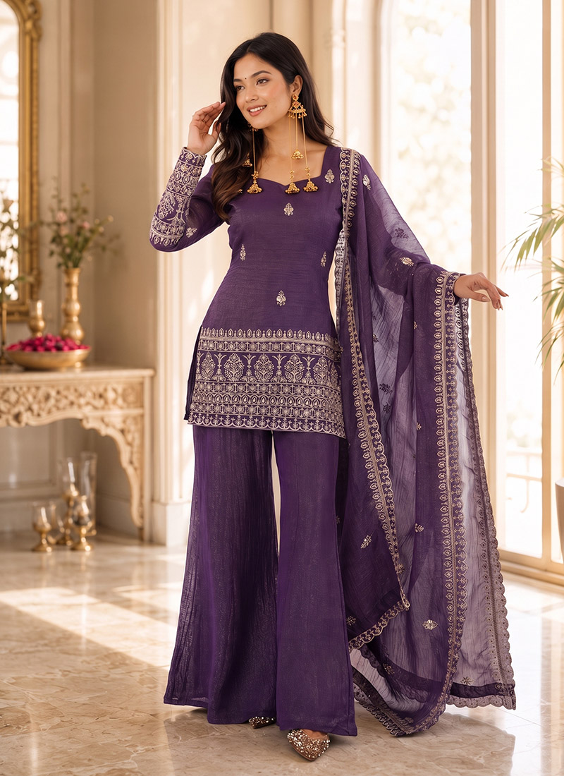 Purple Silk Embroidered Sequins Palazzo Suit After Six Wear