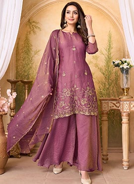 Purple Silk Embroidered Sequins Palazzo Suit