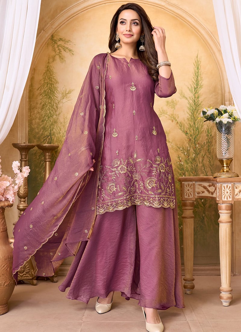 Purple Silk Embroidered Sequins Palazzo Suit After Six Wear