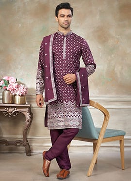 Purple Silk Embroidered Sequins Royal Kurta Pyjama With Stole For Men