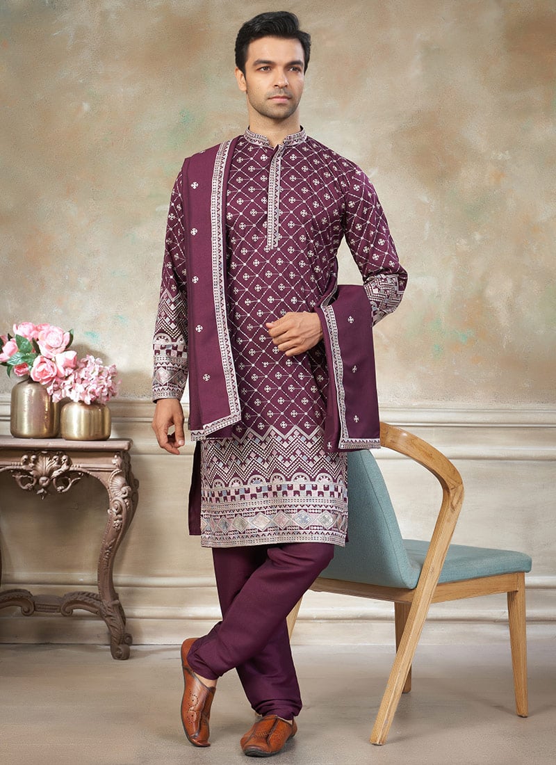 Purple Silk Embroidered Sequins Royal Kurta Pyjama With Stole For Men Festive Wear