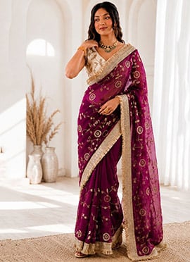 Purple Silk Embroidered Sequins Saree