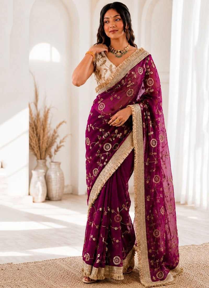 Purple Silk Embroidered Sequins Saree Festive Wear