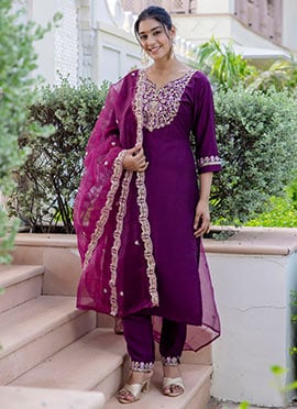 Purple Silk Embroidered Sequins Straight Pant Suit