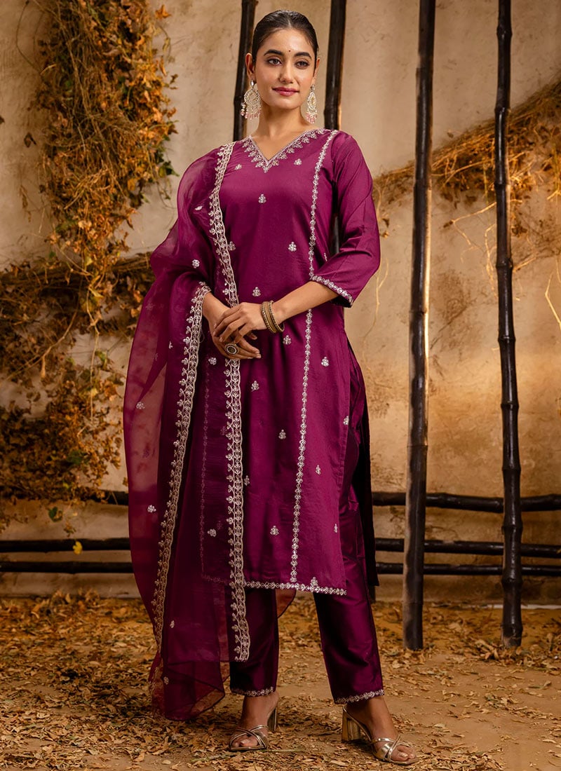 Purple Silk Embroidered Sequins Straight Pant Suit After Six Wear
