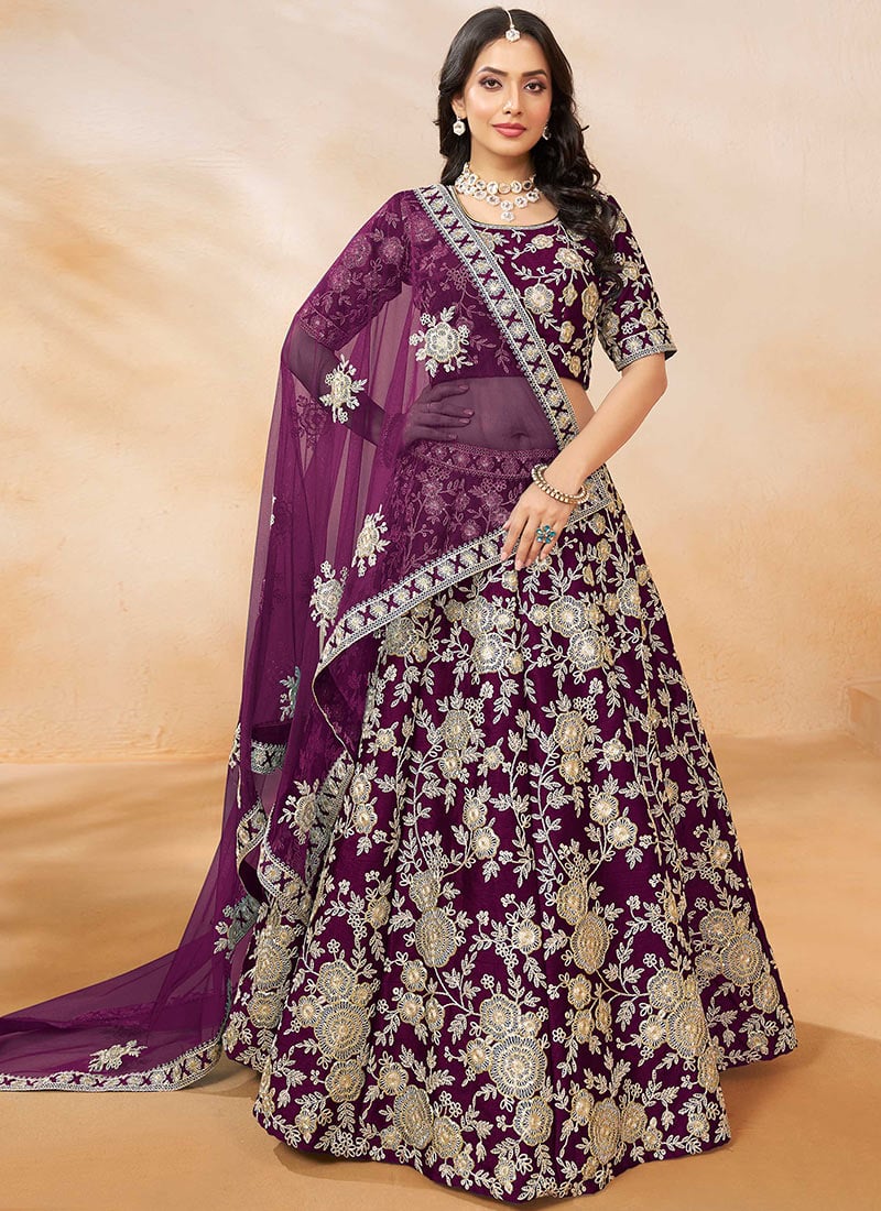 Purple Silk Embroidered Sequins Stunning Lehenga Wedding Wear