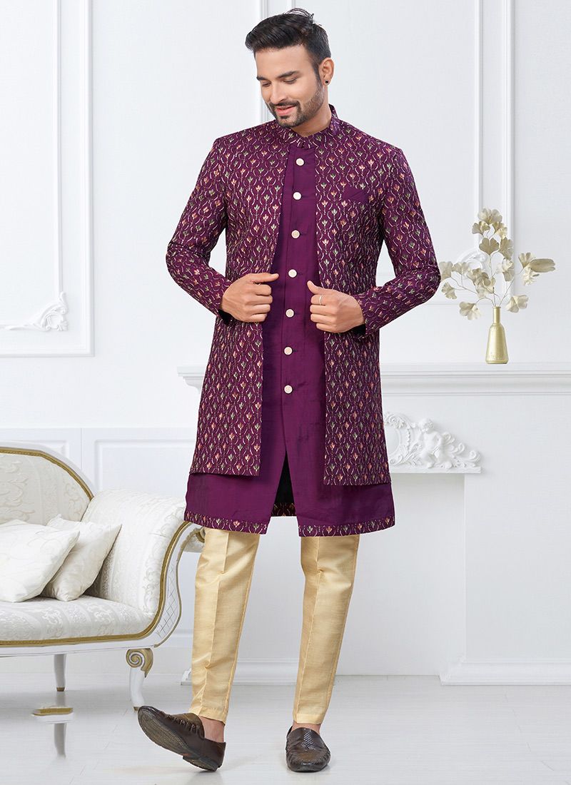 Purple Silk Embroidered Sequins Thread Indowestern Sherwani Festive Wear