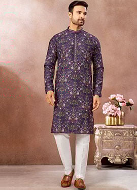 Purple Silk Embroidered Sequins Thread Kurta Pyjama
