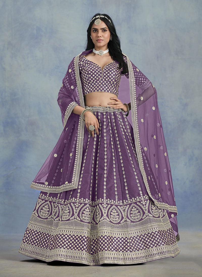 Purple Silk Embroidered Sequins Umbrella Lehenga Wedding Wear