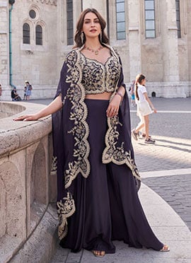 Purple Silk Embroidered Sequins With Mirror Work Indowestern Jacket Palazzo Set