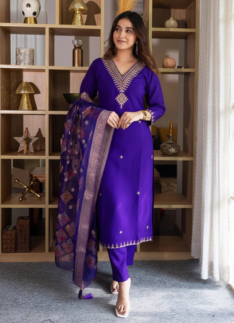 Purple Silk Embroidered Straight Pant Suit Festive Wear