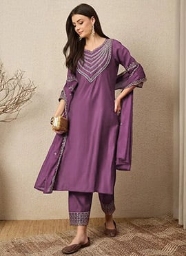 Purple Silk Embroidered Straight Pant Suit