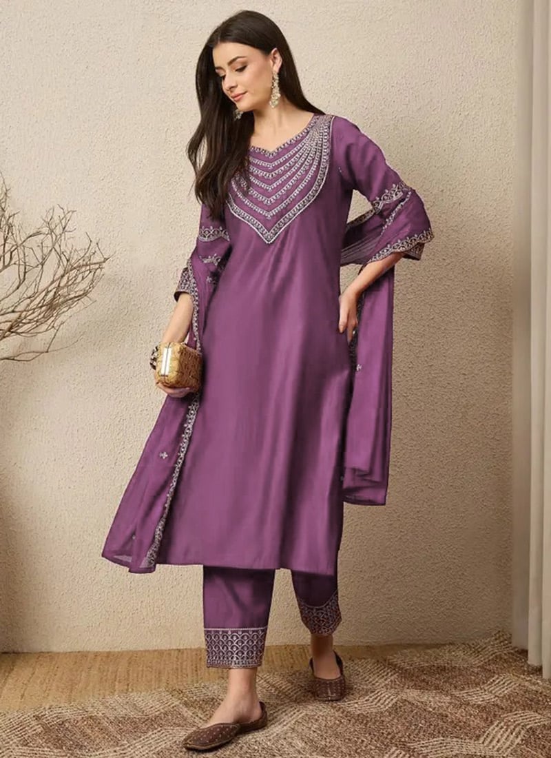 Purple Silk Embroidered Straight Pant Suit After Six Wear