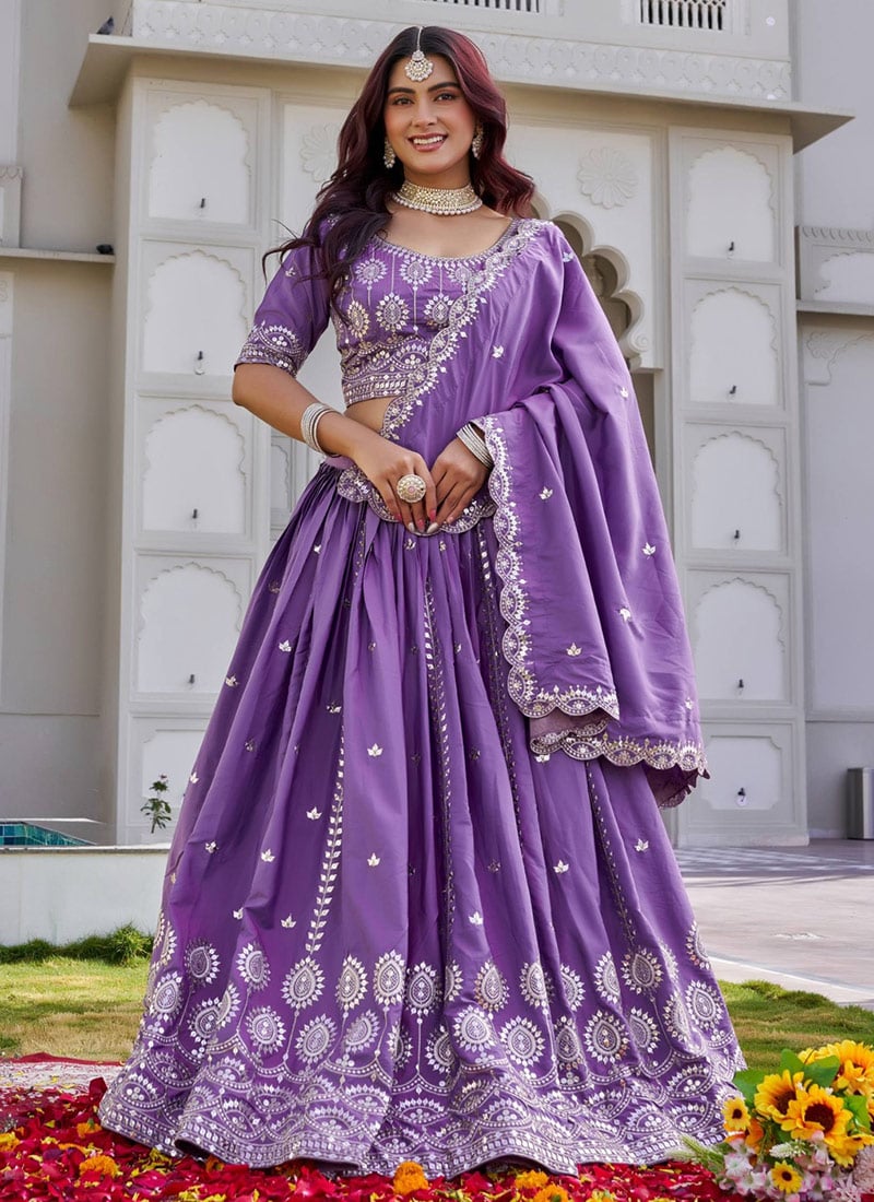 Purple Silk Embroidered Umbrella Lehenga Festive Wear