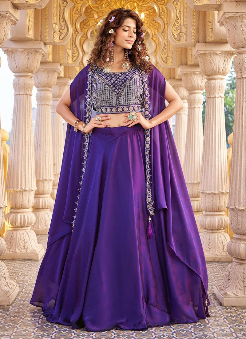 Purple Silk Embroidered Umbrella Lehenga Wedding Wear