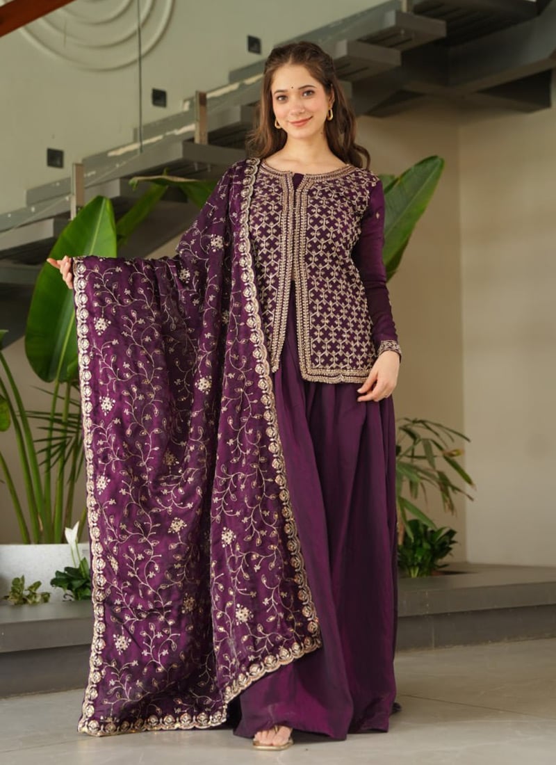 Purple Silk Embroidered With Beads Work Sharara Suit